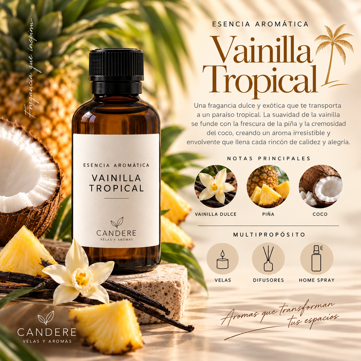 Fragancia Vainilla Tropical Esencia Aromática Multipropósito – Candere